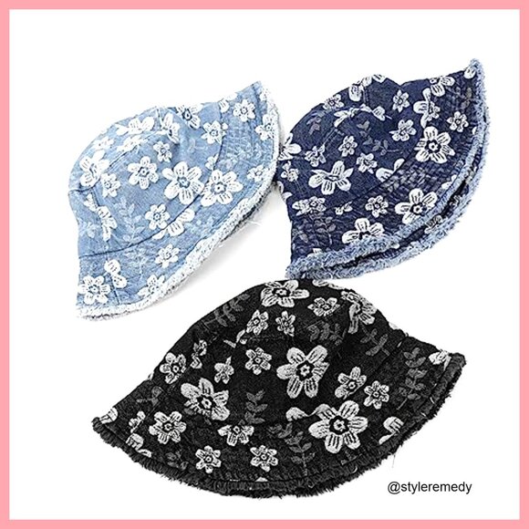 Vintage Cotton Denim Bucket Hat with Floral Embroidery and Pocket